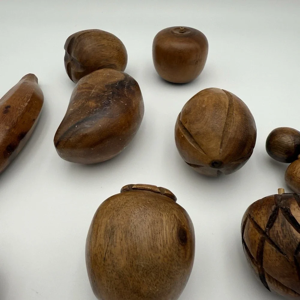 Vtg MCM Monkey Pod Wood Bowl with 12 Pieces of Wooden Fruit Farm Country English